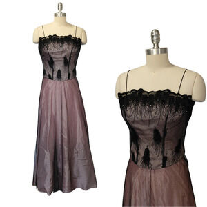 Vintage Y2K Prom Dress Maxi Gown Size 3/4 Black Pink Mesh Corset Top Embroidered